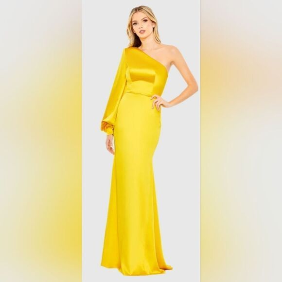 Mac Duggal 26712 One Shoulder Bishop Sleeve Trumpet Gown NWOT size 14 Yellow - Picture 1 of 7